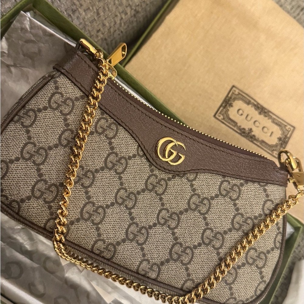 Gucci Beige and Brown Monogram Clutch with Gold Chain